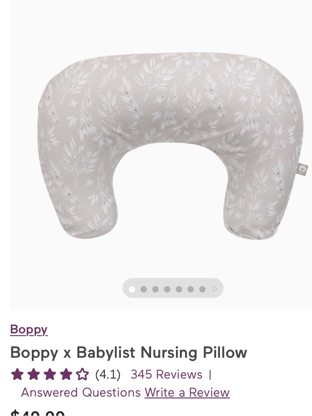 Boppy Nursing Pillow in Light Gray with Leaf Motif